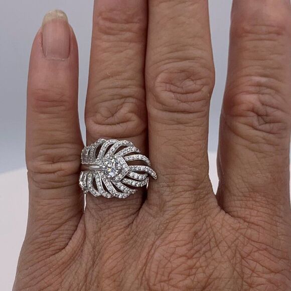 Ring, solid 925 sterling, feather motif, lab created gems, sz 7 - Picture 8 of 16